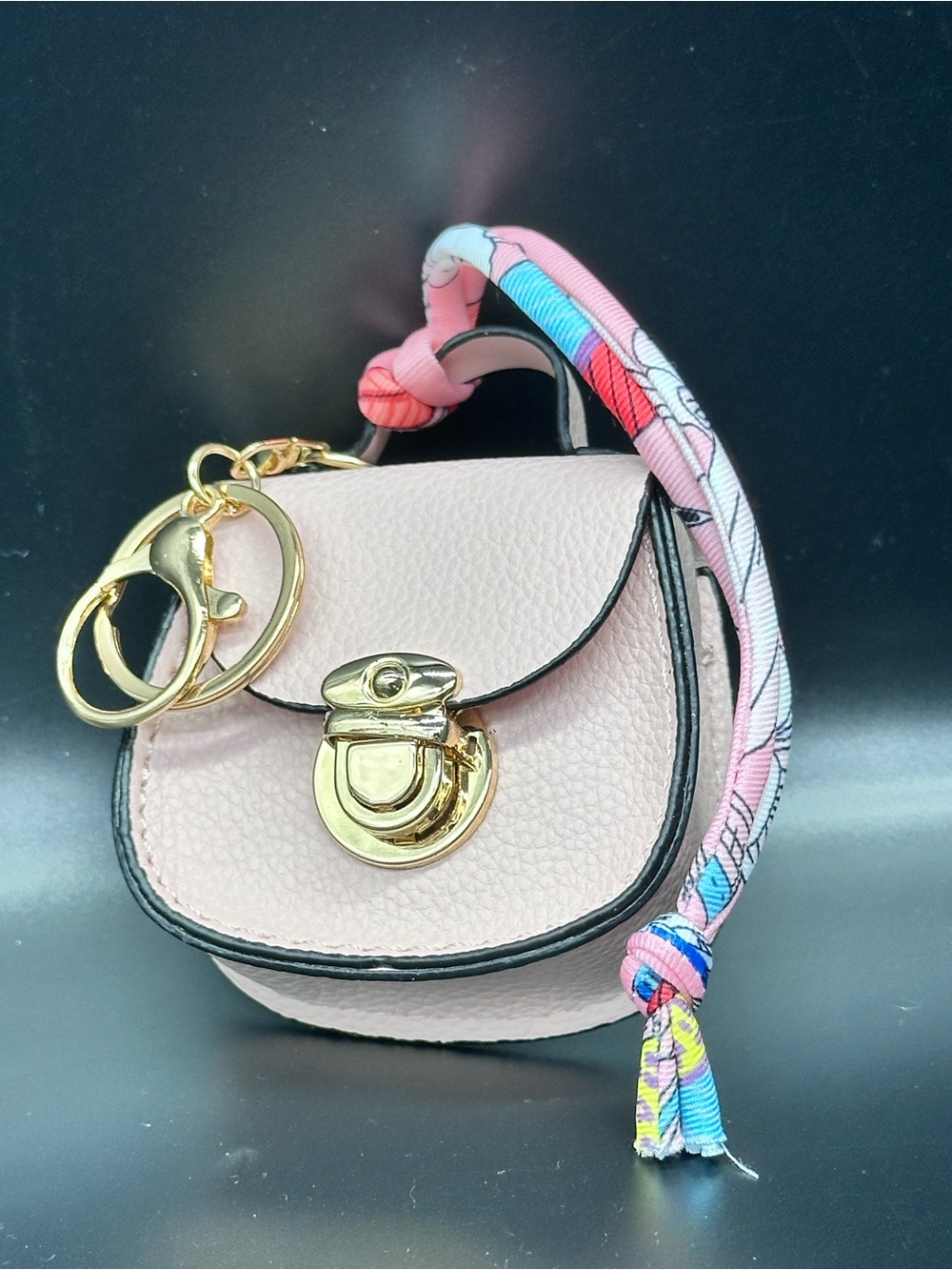 Pink Mini Saddle Bag Charm Pouch Keychain with Silk Scarf Accent